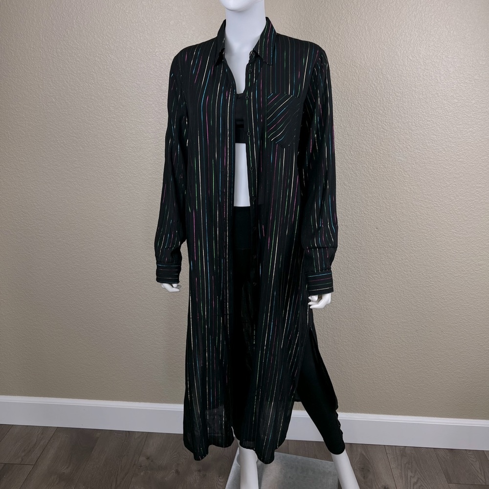 NWT Express Long Portofino Button Down Sparkly Multi Striped Top Cardigan $70